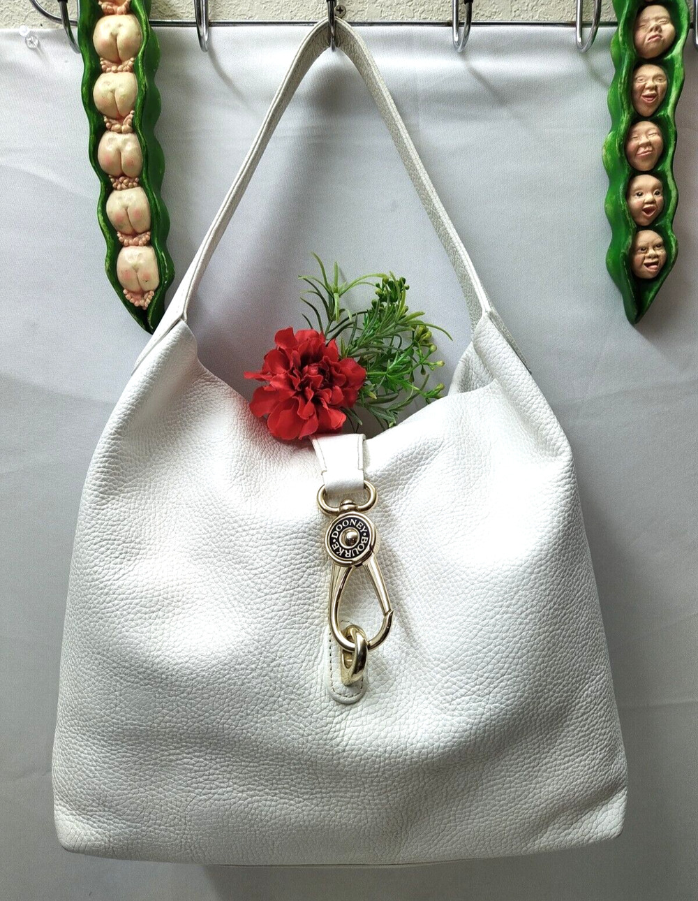 Dooney & Bourke White Pebbled Leather Logo Hook Closure Hobo Shoulder Bag